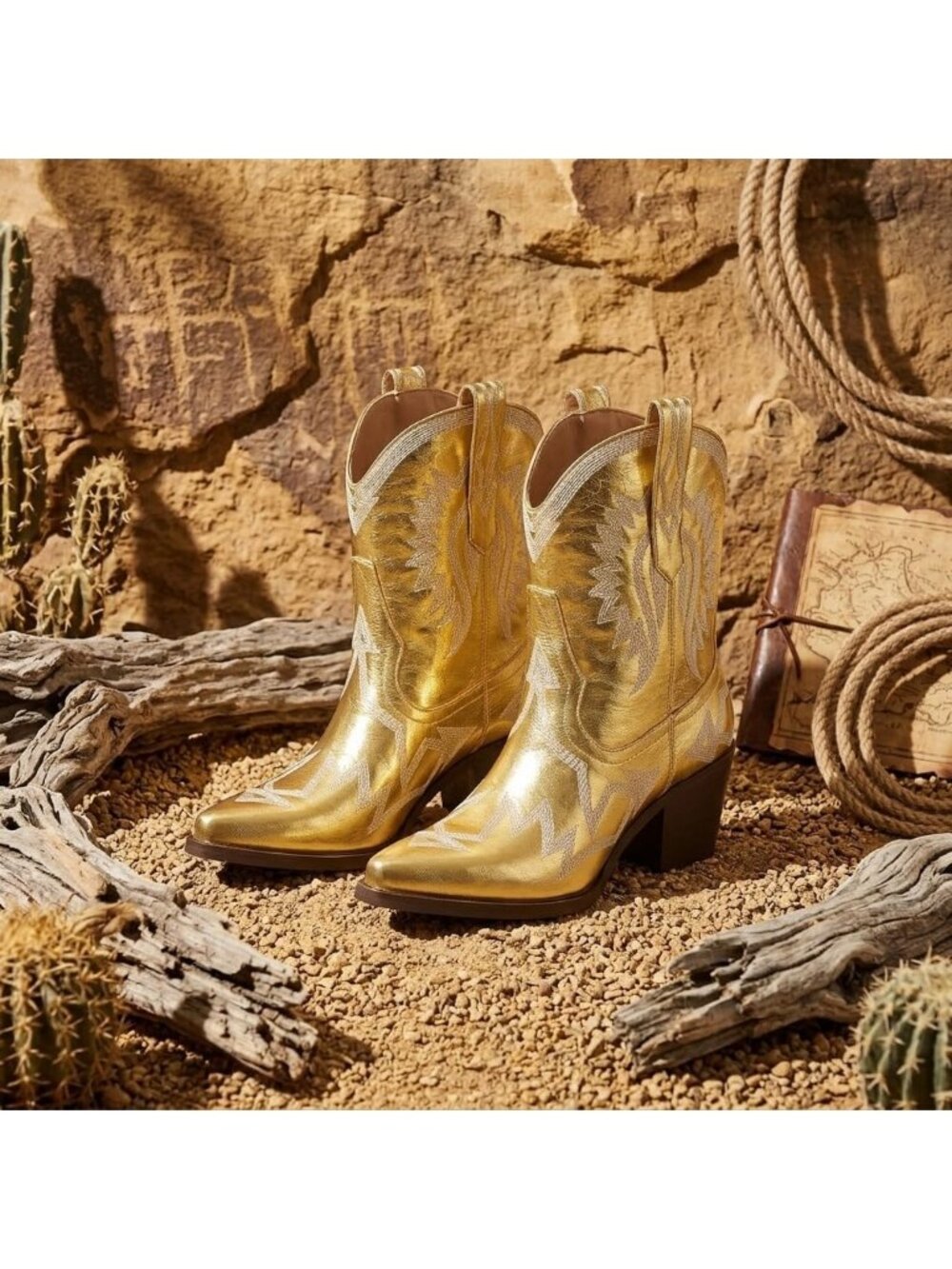 Women's Gold Western Ankle Cowgirl Boots Chunky Pointed Toe Wide Calf Boots